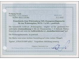 2 Pfg. (dunkel)blau gezähnt L 11¾ und mit Wasserzeichen 3X, drei Exemplare mit den Aufdruckfarben rot, dunkelkarminrot und Ka