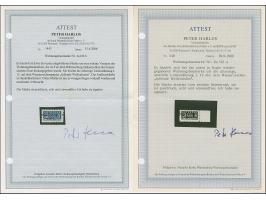 2 Pfg. (dunkel)blau gezähnt L 11¾ und mit Wasserzeichen 3X, drei Exemplare mit den Aufdruckfarben rot, dunkelkarminrot und Ka