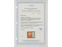 1960, Heuss II 40 Pfg. Probedruck in Bräunlichrot auf fluoreszierendem Papier, Randstück mit Handstempel “Entwertet” und “B”,