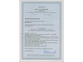 2 Sch. dunkelrosarot, schöne tiefe frische Farbe und allseits gleichmäßig breitrandig, mit glasklar aufgesetztem Roststempel 