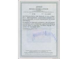 1902/04, 5 M. grünschwarz/dunkelkarmin (karmin quarzend), Zähnungslöcher 26 : 17, mit Oberrand. Die farbfrische Marke ist pos