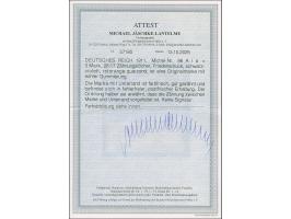 1905/12, Friedensdruck 3 M. schwarzviolett (rotorange quarzend) mit Unterrand (vorgefaltet), postfrisch und in tadelloser Erh