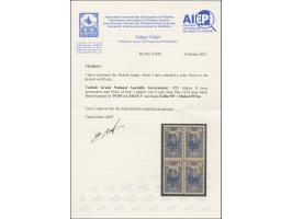 1920, 3 pia. on 6 pa. deep blue, block of four, mint never hinged very fine, an Angora Government rarity in top quality. Cert