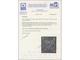 "MACIN", all arabic double-circle, clear and complete strike in blue on 1869/71, 20 pa. green. Extremely rare. Certificate Na