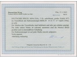 “BERLIN** 19.10.73” (Spalink 1N4a) mehrfach klar auf Viererblock großer Schild 5 Gr. ockerbraun. Die farbfrischen Marken sind