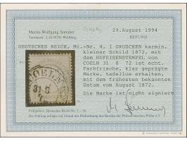 “COELN 31.8.72” (Spalink 4-6N3) klar auf loser Marke kleiner Schild 1 Gr. karmin. Die farbfrische Marke ist gut geprägt, gut 