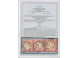 “COELN 9.1.75” (Spalink 4-12) mehrfach recht klar auf drei Einzelmarken großer Schild 1 Gr. karmin (rechte Marke mit FZL 8ou)