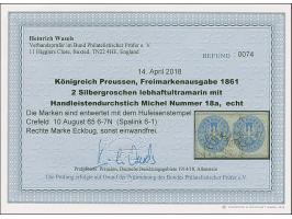 “CREFELD** 10.AUG.65” (Spalink 6-1) recht klar auf waagerechtem Paar Preußen 2 Sgr. lebhaftultramarin auf Briefstück. Die rec