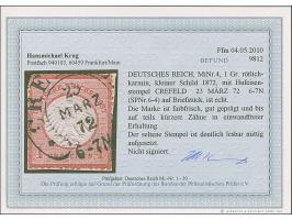 “CREFELD 24.MÄRZ.72” (Spalink 6-4) klar auf kleiner Schild 1 Gr. rötlichkarmin auf Briefstück. Die farbfrische Marke ist gut 
