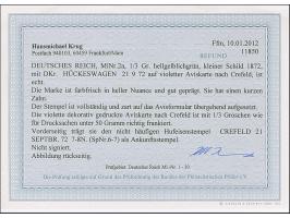 “CREFELD 21.SEPTBR.72” (Spalink 6-7) als Ankunftsstempel vorderseitig auf violetter Aviskarte mit kleiner Schild ⅓ Gr. hellge