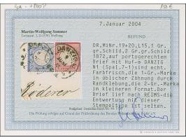 “DANZIG NI 9.JUNI.73” (Spalink 7-1) zweimal recht klar auf großer Schild 1 Gr. und 2 Gr. im kleineren Format L15 als tarifger