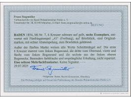 6 Kr. auf gelb, 6 Einzelwerte, angeschnitten bis breitrandig, teils mit schmalem Bogenrand, mit Nr. "43" FREIBURG auf Briefst