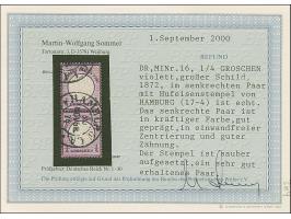“HAMBURG I.A. 20.NOVBR.74” (Spalink 17-4M), sehr klar auf senkrechtem Paar großer Schild ¼ Gr. lebhaftgraupurpur. Beide farbf
