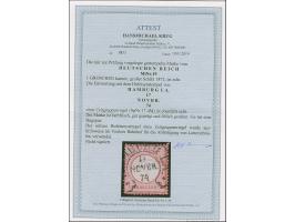 “HAMBURG I.A. 17.NOVBR.74” (Spalink 17-4M) ohne Zeitgruppenriegel sehr klar auf loser Marke großer Schild 1 Gr. karmin. Die f