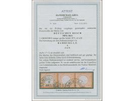 “HAMBURG-L.E. 6.JAN.(75)” (Spalink 17-11) zweimal recht klar auf senkrechtem Dreierstreifen großer Schild ½ Gr. orange. Die f