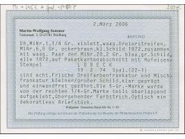 “LÜBECK** 19.2.74” (Spalink 22-1) mehrfach klar auf kleiner Schild ¼ Gr. graupurpur im waagerechten Dreierstreifen und Einzel