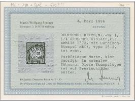 “METZ 21.NOVBR.74” (Spalink 25-2) klar auf loser Marke kleiner Schild ¼ Gr. graupurpur. Die farbfrische Marke ist gut geprägt