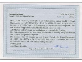 “MÜHLHAUSEN i. ELS. 26.MÄRZ.72” (Spalink 26-2) zweimal klar auf zwei Einzelmarken kleiner Schild 1 Gr. rötlichkarmin auf Falt