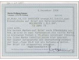 “MÜLHAUSEN i. ELS. BHF. 13.JUNI.73” (Spalink 26-6) zweimal klar auf zwei Einzelmarken kleiner Schild ½ Gr. orange, rechte Mar