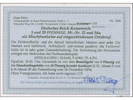 “MÜLHAUSEN i. ELSASS 6.APRIL.75” (Spalink 26-8) mehrfach klar auf 5 Pfge graupurpur and 20 Pfge dunkelultramarin als tarifger