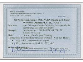 “SOLINGEN 26.FEBR.70” (Spalink 34-2) mehrfach klar auf Norddeutscher Postbezirk 5 Gr. durchstochen sowie 1 Gr. und 2 Gr. gezä