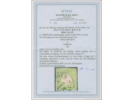 “SOLINGEN 3.APRIL.74” (Spalink 34-4) auf großer Schild ⅓ Gr. gelblichgrün im kleinen Format L15 auf Briefstück. Die farbfrisc