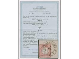 “STRASSBURG i. ELS. 7.JAN.74” (Spalink 36-1N) sehr klar auf großer Schild 3 Kr. karmin auf Briefstück, die farbfrische Marke 