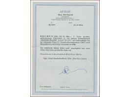 1866/67, 2 Grote gelblichorange, farbfrisch und bis auf einen geschürften Zahn einwandfrei, mit blauem “BREMEN-BAHNF 16/3 67”