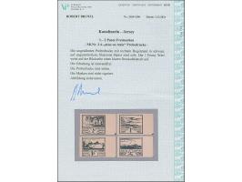 1943, Ansichten von Jersey, “Mise en train”, Probedrucke auf ungummiertem, blassrosa Papier, ½-2P., je mit rechtem Seitenrand