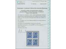 1943, 20 L. mit kopfstehendem Aufdruck, Viererblock, dabei die linke obere Marke mit Aufdrucktype III, die anderen in Aufdruc