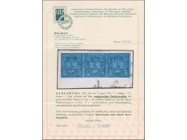 1/30 Th. auf blau im waagerechten Dreierstreifen mit blauem Rahmenstempel “VAREL 24.11” auf Briefstück. Die farbfrische Einhe