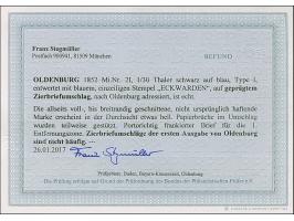 “ECKWARDEN” blauer L1 auf 1/30 Th. auf blau, auf geprägtem Zierbriefumschlag mit zweitem Abschlag rechts oben nach Oldenburg,