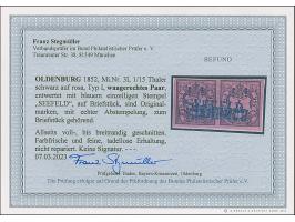 1/14 Th. auf rosa, Type I im waagerechten Paar mit blauem Ra1 “SEEFELD” auf Briefstück. Die farbfrischen Marken sind allseits