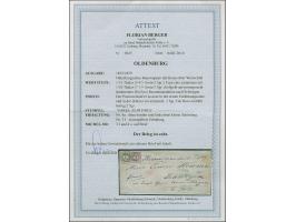 1/15 Th. auf rosa, Type I und 1/10 Th. hellgelb mit blauem Rahmenstempel “VAREL 22.10.(55)” auf komplettem R-Faltbrief der 3.