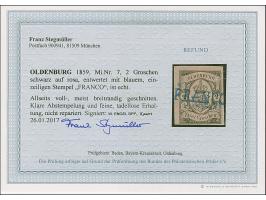 2 Gr. auf rosa, farbfrisch und allseits voll-, meist breitrandig, im Schnitt mit blauem L1 “FRANCO”, in tadelloser Erhaltung,