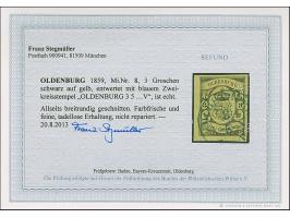 3 Gr. auf gelb, farbfrisch und allseits breitrandig mit blauem DKr. “OLDENBURG 3.5.”, in tadelloser Erhaltung, Fotobefund Ste