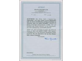 1 Gr. blau mit Plattenfehler “zwei blaue Punkte auf der Rahmenlinie links des oberen Schriftbandes und blauer Keil links im O