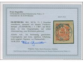 2 Gr. zinnoberrot, farbfrisch und allseits voll- bis breitrandig mit blauem DKr. “OLDENBURG 1.5.” auf Briefstück in tadellose