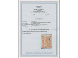 2 Gr. zinnoberrot mit Plattenfehler “Rahmenbruch in der linken unteren Ecke” und blauem DKr. “OLDENBURG 5.9.”. Die farbfrisch