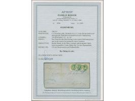 1862, ⅓ Gr. grün mit Durchstich 11¾ im waagerechten Dreierstreifen mit Teilen des Bogenrandes links, mit zwei klaren DKr. “OL