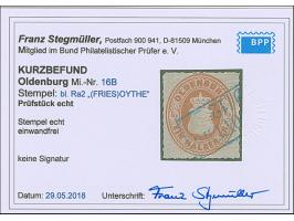 ½ Gr. orange mit Durchstich 10, sauber mit blauem Rahmenstempel “(FRIESS(OYTHE)…12” entwertet, in einwandfreier Erhaltung, Ku