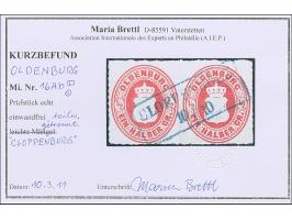 ½ Gr. dunkelrotorange mit Durchstich 11¾ im waagerechten Paar mit blauem Rahmenstempel “CLOPPENBURG 10.10.”. Das farbfrische 