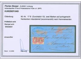 1 Gr. karmin mit Durchstich 10, zwei Einzelmarken mit schwarzem Rahmenstempel “BREMEN 8.11.” als tarifgerechte Mehrfachfranka