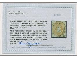 3 Gr. ockerbraun mit Durchstich 10 und schwarzem DKr. “(OLDE(NBURG) 31.12. (67)” vom LETZTTAG. Die farbfrische Marke hat klei