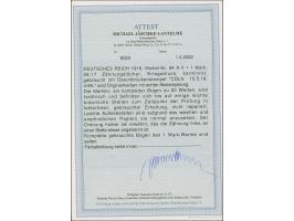 1 M. dunkelkarminrot gez. 26:17, kpl. Bogen mit 20 Werten und Platten-Nummer "5" im Unterrand, sauber entwertet "CÖLN 15.5.19