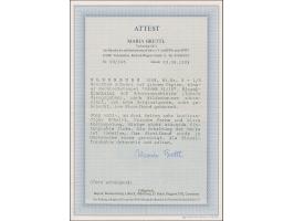 ⅓ Gr. auf grünoliv, farbfrisch, oben vollrandig, sonst dreiseitig sehr breitrandig im Schnitt mit klarem, blauen Rahmenstempe