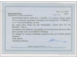 1 Gr. karmin mit Plattenfehler “Akzent über C in REICHS auf der 1. Strichleiste” (Feld 10) im Viererblock mit drei Normalmark