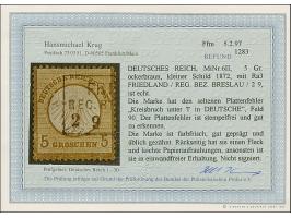 5 Gr. ockerbraun mit Plattenfehler “Kreisbruch unter T in DEUTSCHE” (Feld 90), klar mit Rahmenstempel “FRI(EDLAND) REG.BE(Z.B