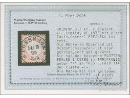 2 Kr. ziegelrot mit Plattenfehler “Kerbe im Innenkreis unter P in Post” (Feld 114), mit klarem und zentrischen EKr. “POESNECK