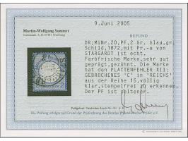 2 Gr. grauultramarin mit Plattenfehler “gebrochenes C in REICHS” (Feld 25, mit klarem DKr. “STARGART 26.11.73” entwertet. Die